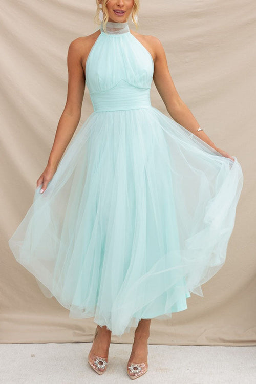 Vestido midi de fiesta con cuello halter y falda de tul 3
