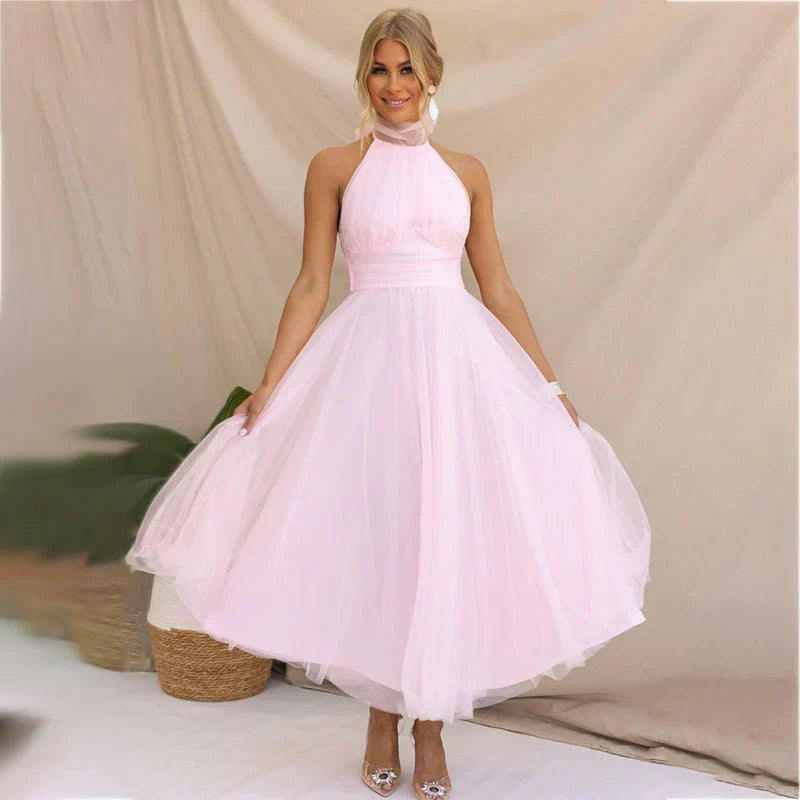 Vestido midi de fiesta con cuello halter y falda de tul 5