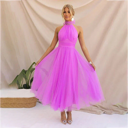 Vestido midi de fiesta con cuello halter y falda de tul 6