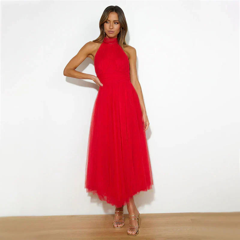 Vestido midi de fiesta con cuello halter y falda de tul 7
