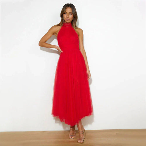 Vestido midi de fiesta con cuello halter y falda de tul 7
