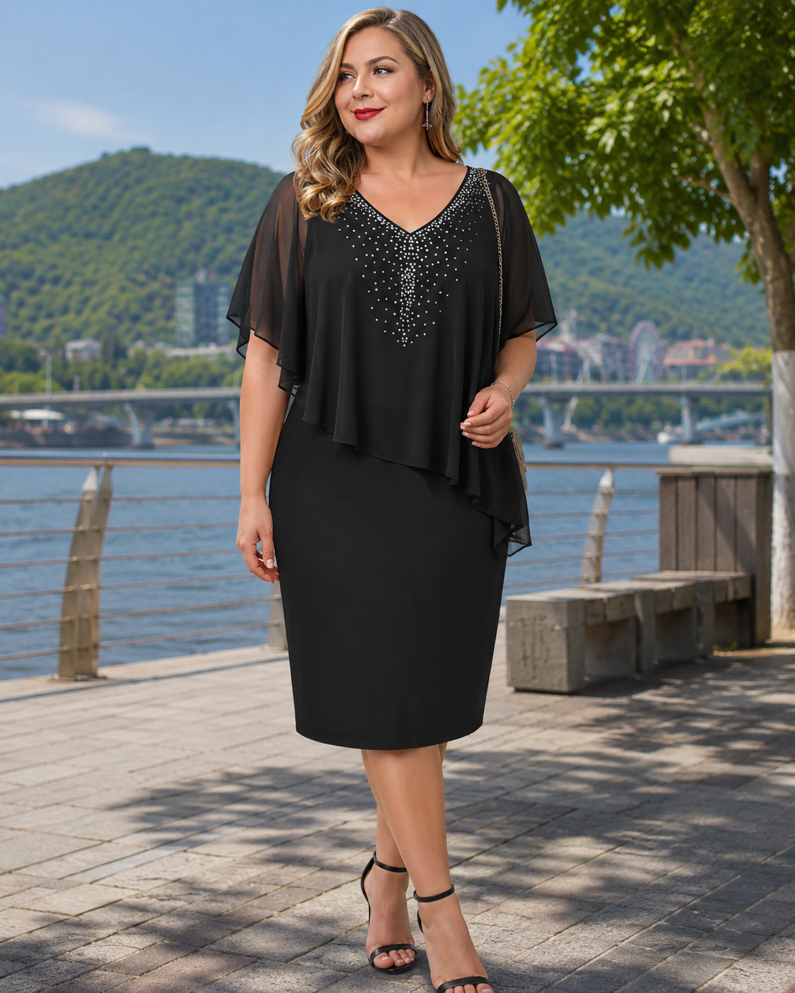 Vestido midi de fiesta con strass y capa de gasa 6