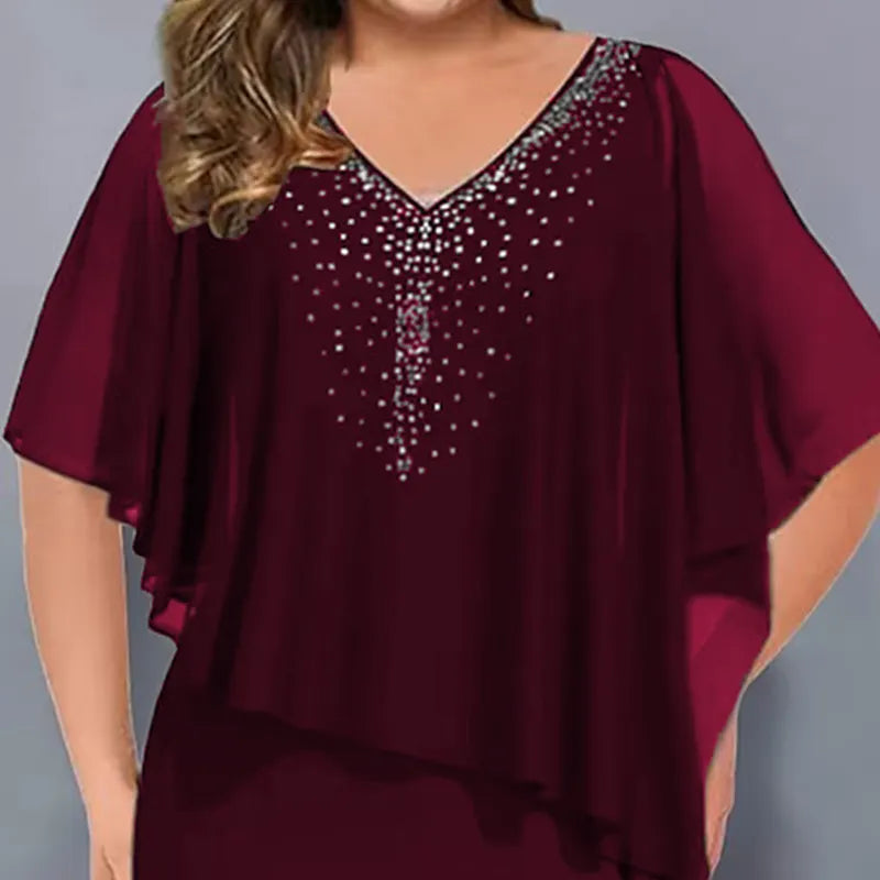 Vestido midi de fiesta con strass y capa de gasa 7