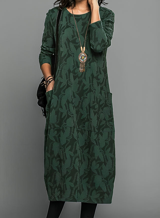 Vestido midi de manga larga con cuello redondo y bolsillos 2
