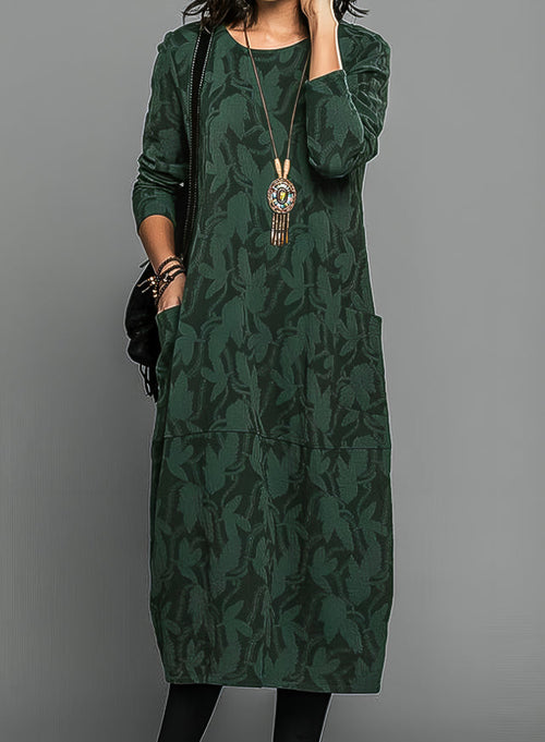 Vestido midi de manga larga con cuello redondo y bolsillos 2