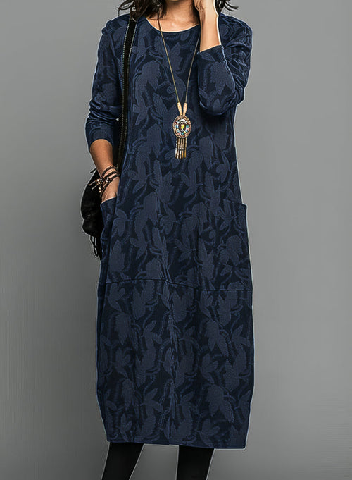 Vestido midi de manga larga con cuello redondo y bolsillos 3
