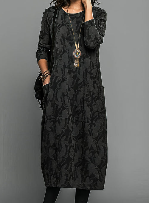 Vestido midi de manga larga con cuello redondo y bolsillos 4