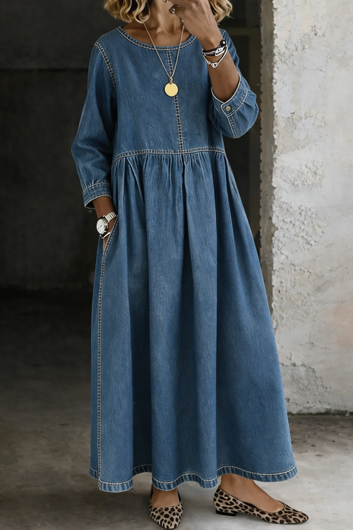 Vestido vaquero largo de manga larga con escote redondo 1