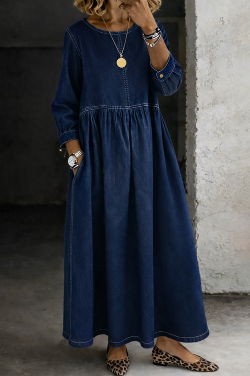 Vestido vaquero largo de manga larga con escote redondo 4