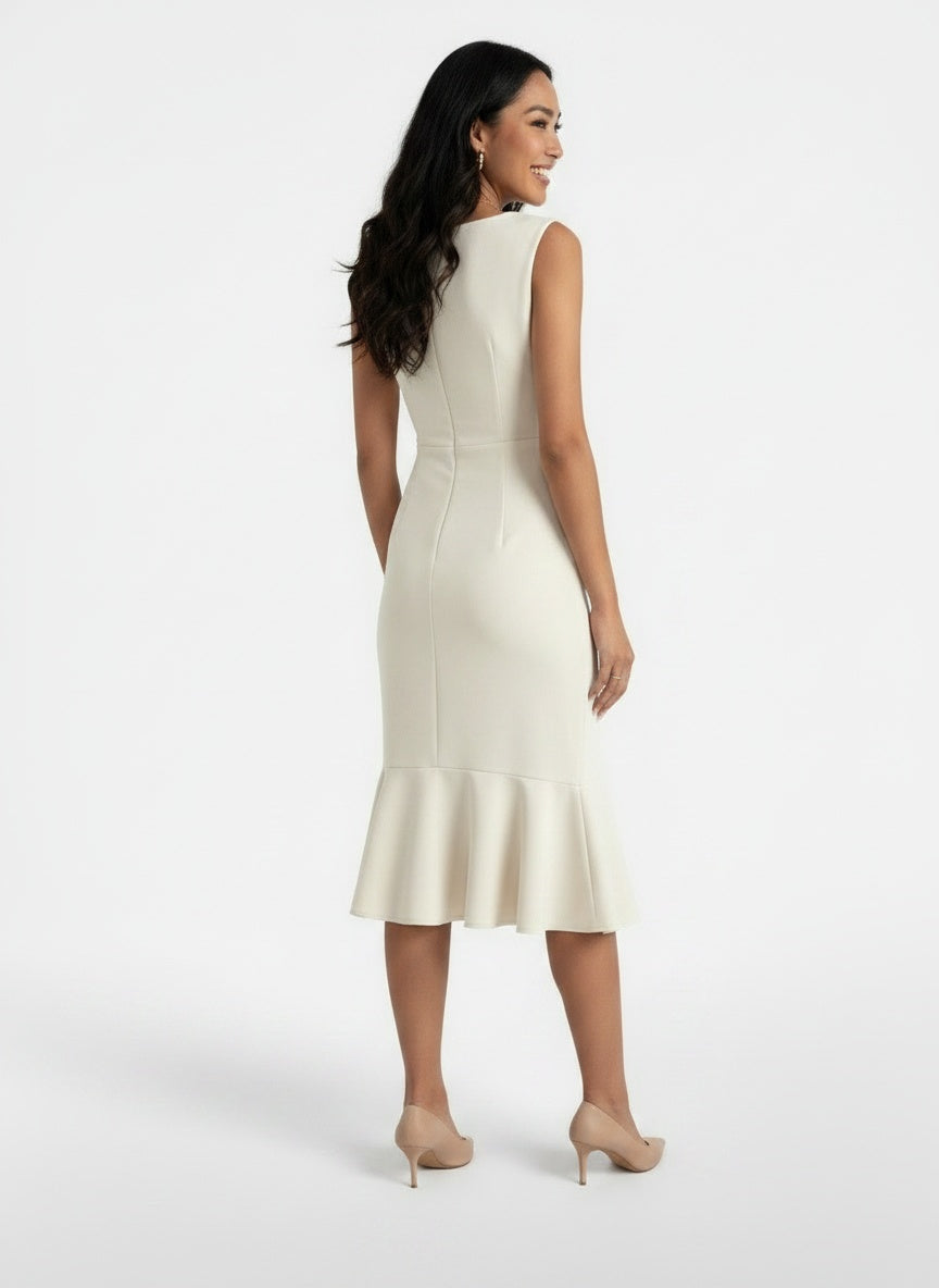 Back pose of the model wearing Vestido Midi Mujer Entallado Elegante