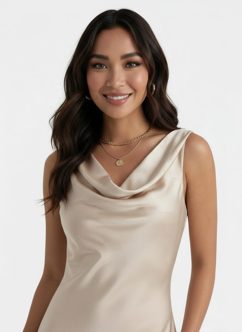 Close-up of the model wearing Vestido Largo Satinado Mujer Elegante
