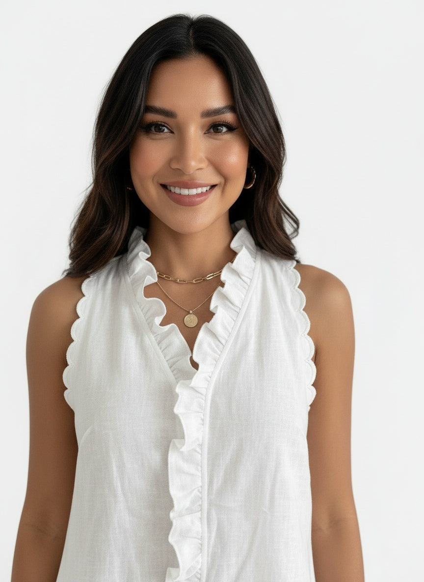 Close-up of the model wearing Vestido Corto Verano Mujer Lino
